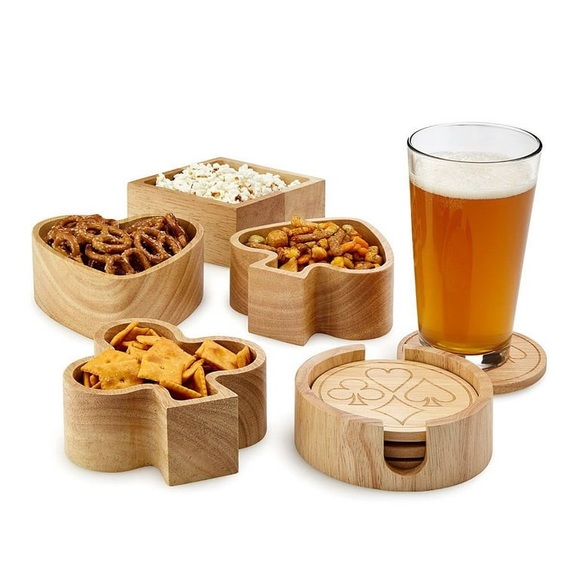 Peterson Housewares Other - ♣️ NEW Poker Card Players Party Ensemble Wood Coasters Snack Bowls Eco Friendly